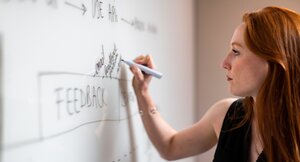 Eine Frau erstellt Projektpläne auf einem Whiteboard