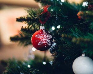 Rote Weihnachtskugel mit weißer Schneeflocke hängt an einem Tannenbaum
