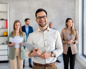 Teamleitung mit Mitarbeiter:innen in einem Büro 