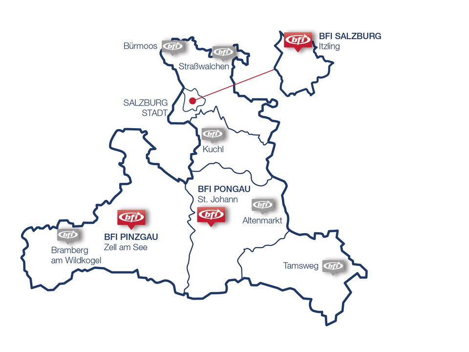 Karte des Landes Salzburg mit den BFI-Standorten Standorte des BFI Salzburg